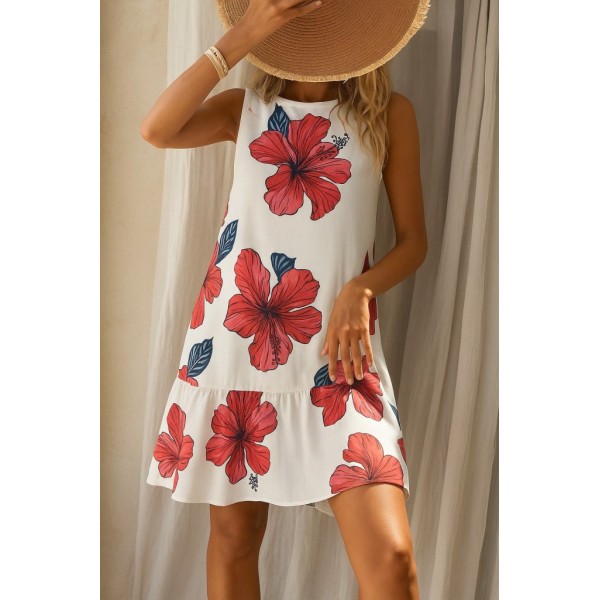 Kadın Sıfır Kol Sırttan Bağlamalı Fırfırlı çiçek Desenli Süprem Elbise