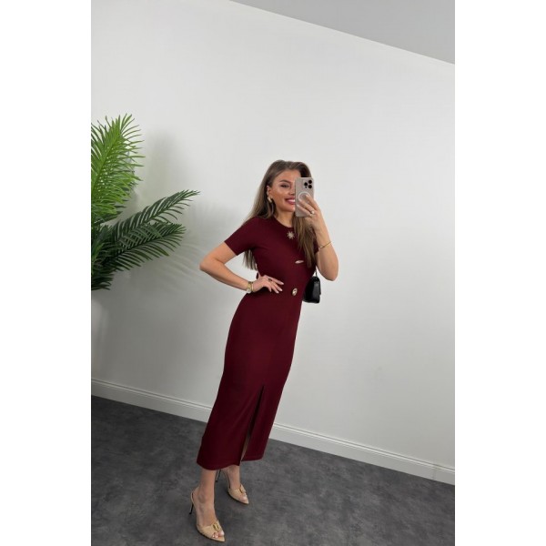 Kadın Ottoman Kumaş Likralı Düğme Tasarımlı Kısa Kol Kalem Elbise