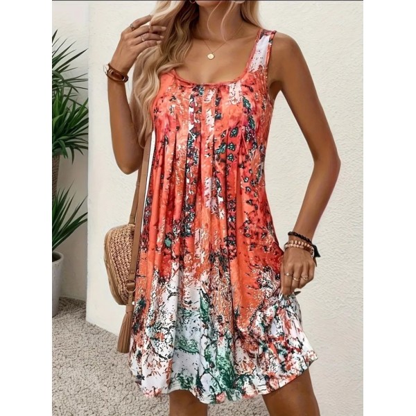 Kadın Sıfır Kollu Kare Yaka önden Pileli Salaş Süprem Elbise