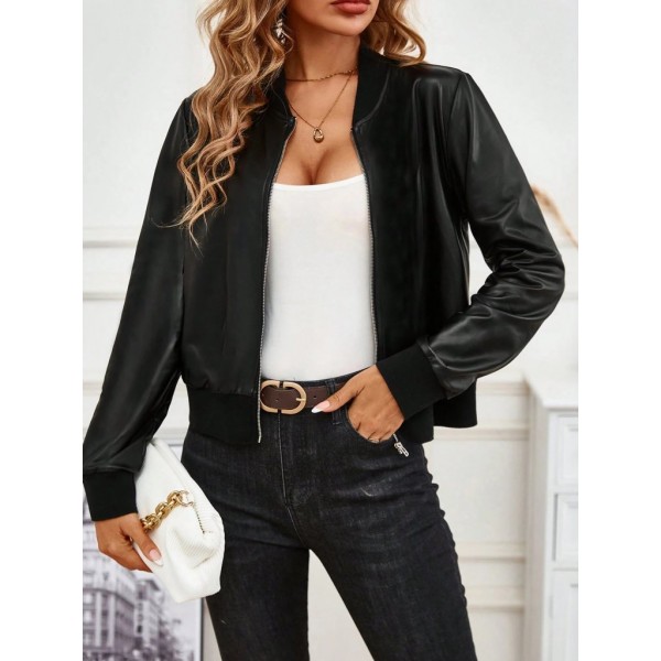Kadın Uzun Kollu önden Fermuarlı Deri Kısa Ceket