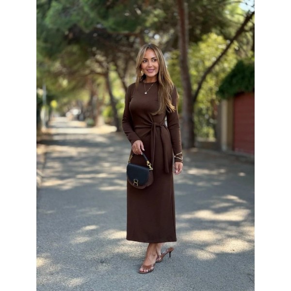 Kadın Uzun Kollu Bisiklet Yaka Yandan Bağlamalı Uzun Modal Elbise