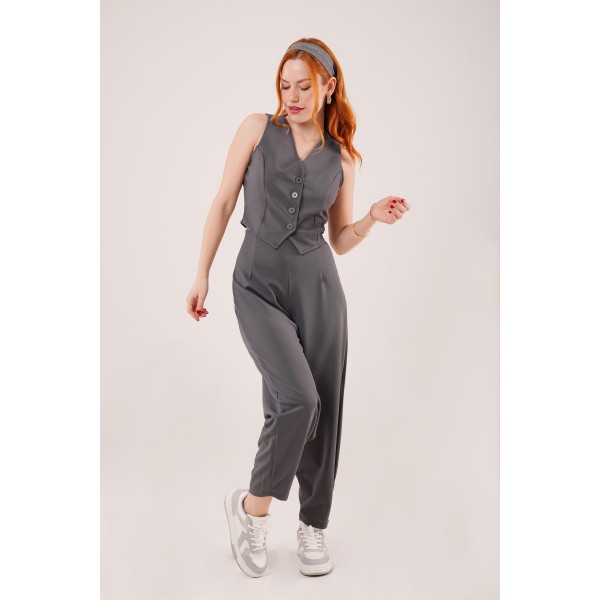 Önü Düğmeli Gri Yelek