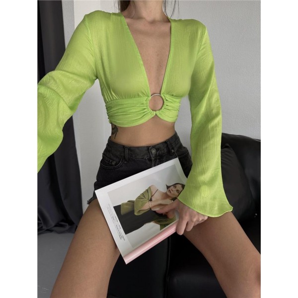 SATEN CROP TOKA DETAYLI BLUZ - Yeşil