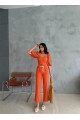 KETEN CROP KARPUZ KOL BLUZ-PANTOLON HASIR KEMERLİ - Orange