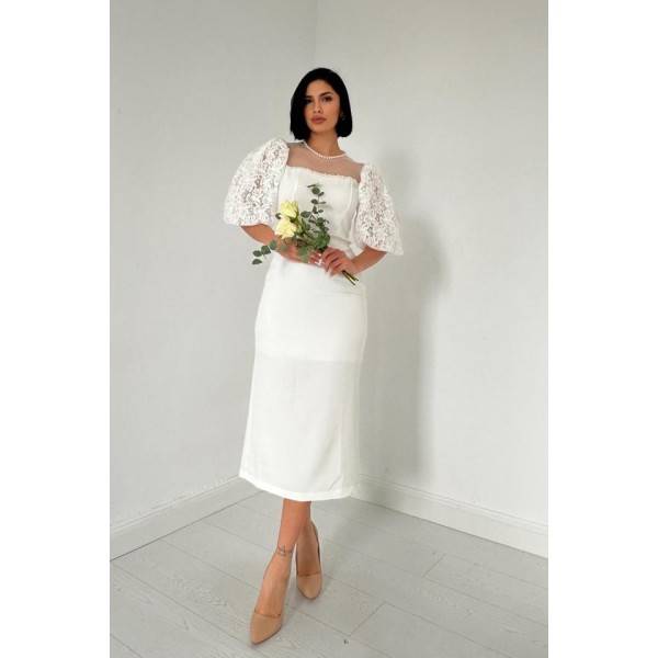 Beyaz İncili Tül Detay Elbise