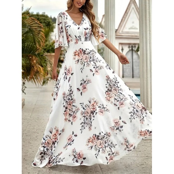 Kadın Kısa Kollu V Yakalı çiçek Desenli Süprem Elbise