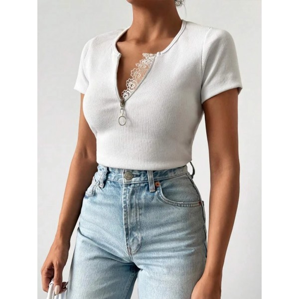 Kadın Beyaz Yaka Dantel Ve Fermuarlı Kaşkorse Bluz