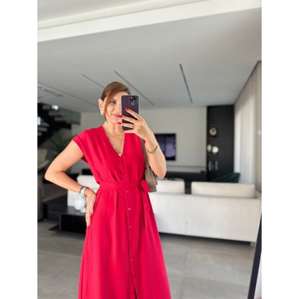 Kadınn V Yaka Düğme Detay Kuşak Dahil Elbise