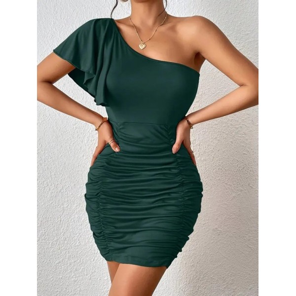 Kadın Tek Omuzu Açık Asimetrik Yaka Detaylı Büzgülü Sandy Elbise