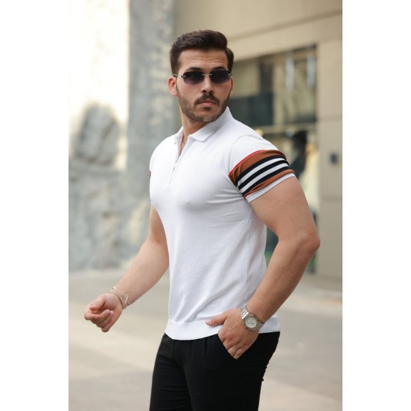 Erkek Fermuar Yakalı Kolları Desenli Kısa Kollu Tişört