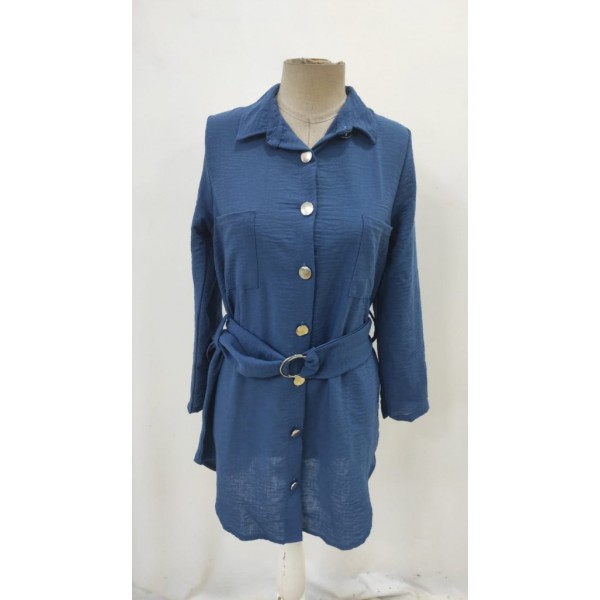 Kadın Uzun Kollu Yakalı önden Düğmeli Beli Kuşaklı Mini Ithal Keten Elbise