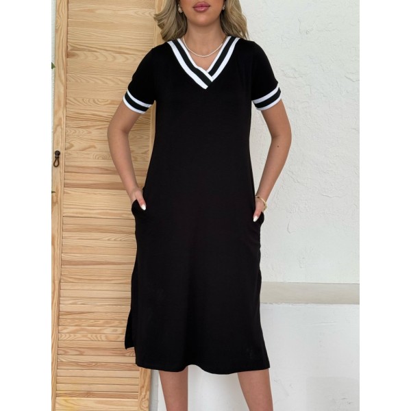 Kadın Kısa Kollu V Yaka Kol Ve Yaka Ribana Detay Midi Boy Viskon Elbise