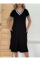 Kadın Kısa Kollu V Yaka Kol Ve Yaka Ribana Detay Midi Boy Viskon Elbise