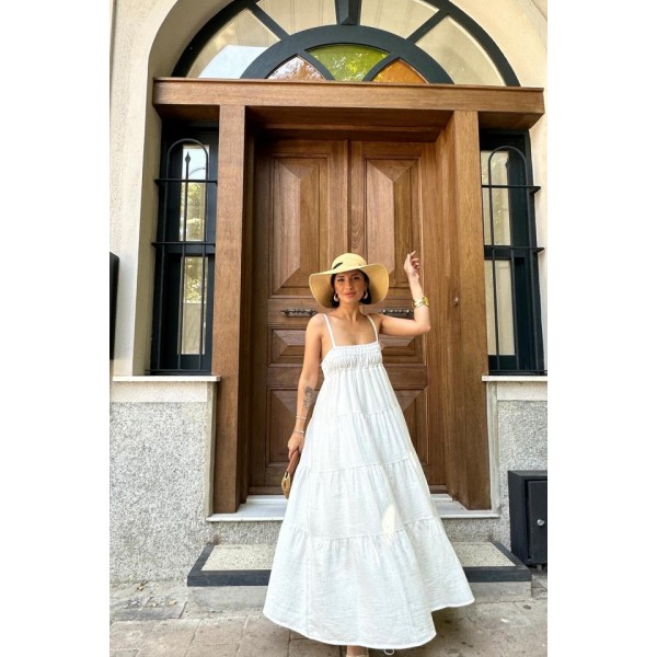 Ekru Askılı Parçalı Müslin Elbise