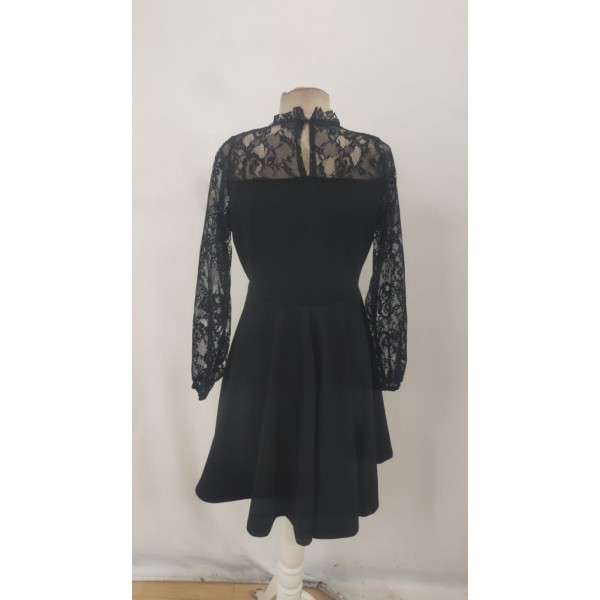 Kadın Uzun Kollu Dantelli Kloş Mini Ithal Krep Elbise