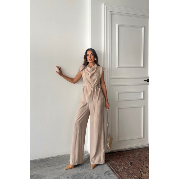 TENCEL MODAL KOLSUZ BLUZ KAPALI CEP DETAYLI DÖKÜMLÜ - PANTOLON TAKIM - Bej