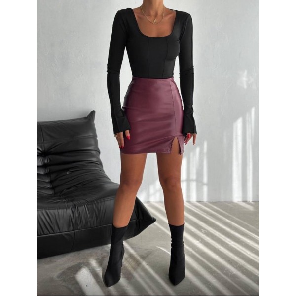 Kadın Yüksel Bel Yırtmaç Detay Mini Deri Etek