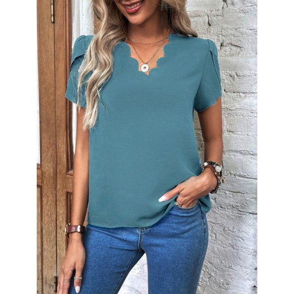 Kadın Kısa Kollu Lazer V Yakalı Ithal Krep Bluz