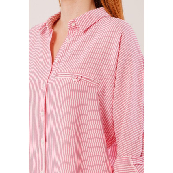 Cep Detay Çizgili Oversize Pembe Gömlek