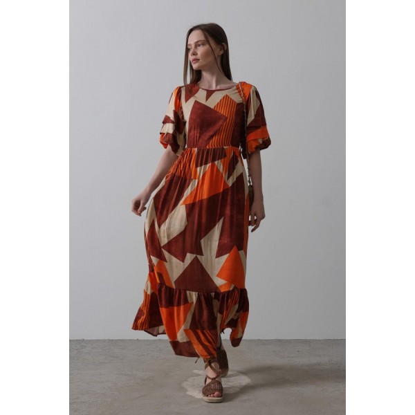 Desenli Balon Kol Kloş Elbise - Kahve