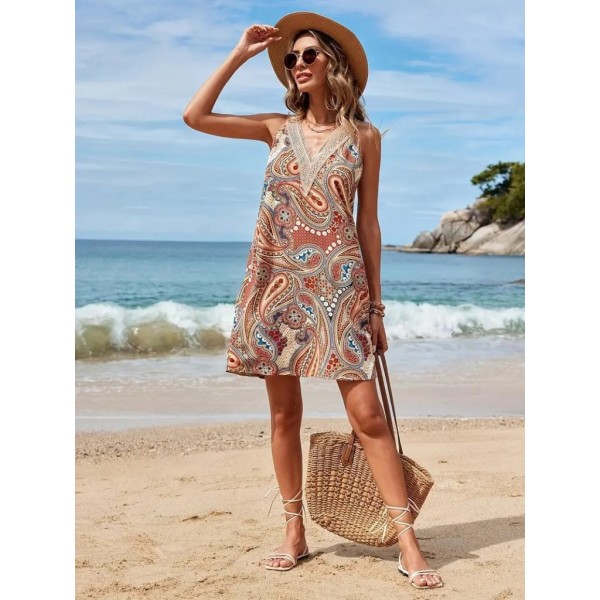 Kadın Kısa Kollu Dantel V Yakalı Desenli Süprem Elbise