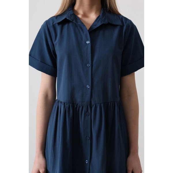 Kısa Kol Düğmeli Elbise - İndigo