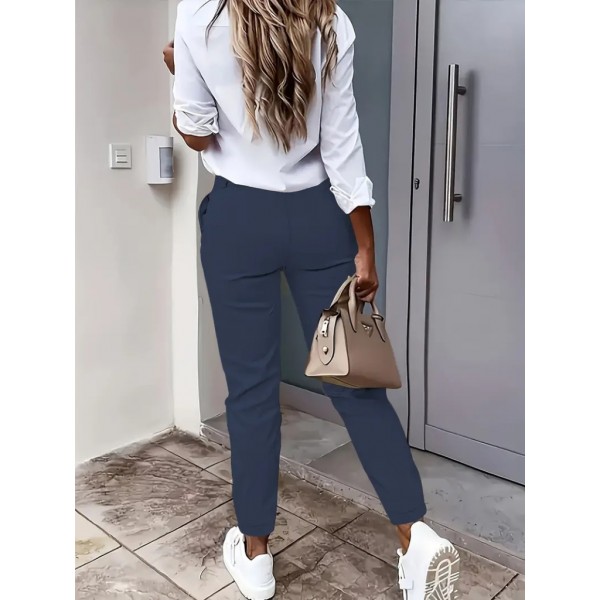 Kadın Yüksek Bel önden Düğmeli Cepli Bilek Lastik Detay Atlas Pantolon