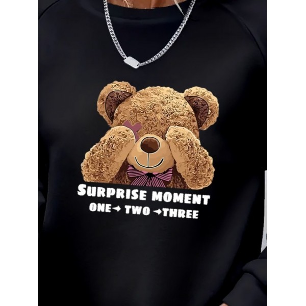 Kadın Uzun Kollu Bisiklet Yaka Ayıcık Desenli Viskon Iki Iplik Bluz