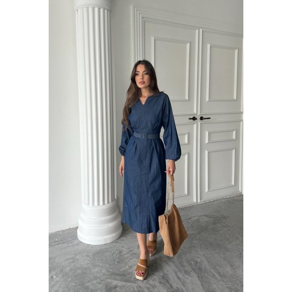 Mavi Tencel Uzun Kollu Elbise