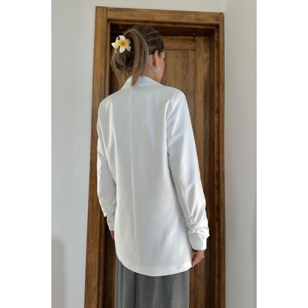 Ekru Kol Ucu Büzgülü Atlas Ceket