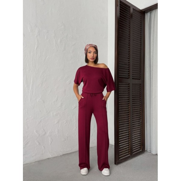 Kadın İsa Kollu Kayık Yaka Bluz Ve Pantolon Misal Kumaş Ikili Takım