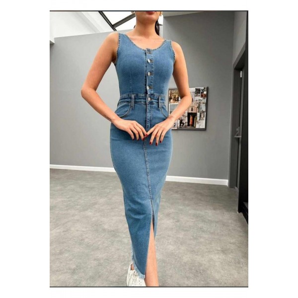 Mavi Likralı Kot Jile Elbise