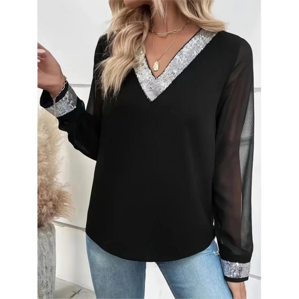 Kadın Uzun Kollu V Pulpayet Yakalı Ithal Krep Bluz