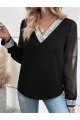 Kadın Uzun Kollu V Pulpayet Yakalı Ithal Krep Bluz