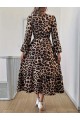 Uzun Kollu Bisiklet Yaka Leopar Desenli Midi Süprem Elbise