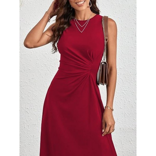 Kadın Sıfır Kollu Bisiklet Yaka Büzgülü Asimetrik Kesim Detaylı Janjan Krep Elbise