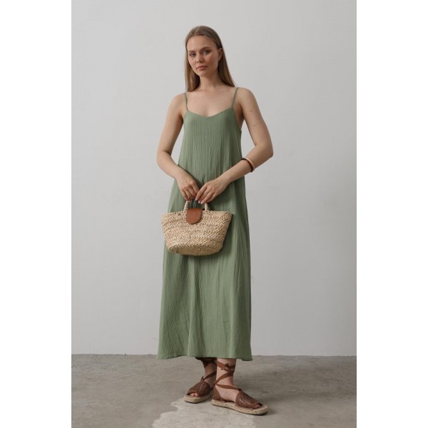 Askılı Uzun Çan Elbise - Haki