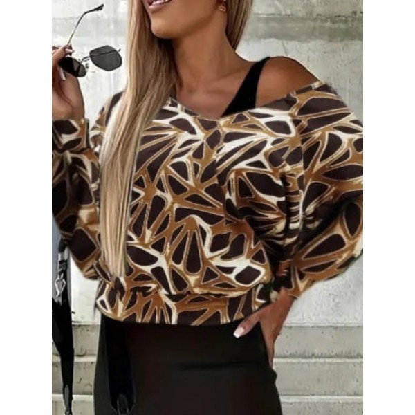 Kadın Uzun Kollu Askılı Yuvarlak Yakalı Yırtmaçlı Dalgıç Elbise Ile Yakalı Yunan Desenli Bluz Ikili Takım