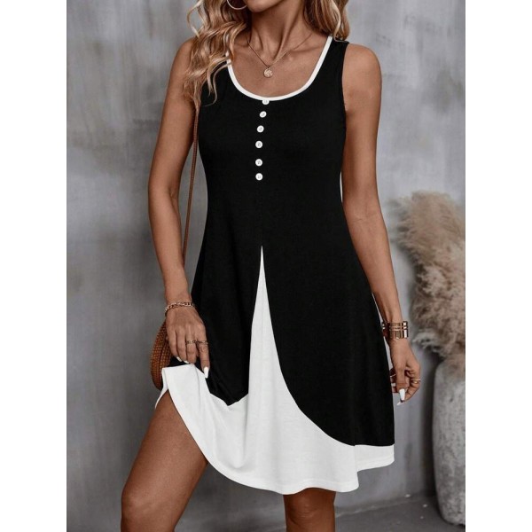 Kadın Askılı Yuvarlak Yaka önden Düğmeli çift Renkli Viskon Elbise