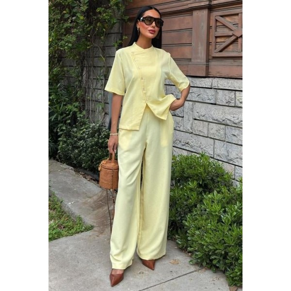 Hakim Yaka Çapraz Düğmeli Plazzo Pantolon Viscon Keten Takım 10209