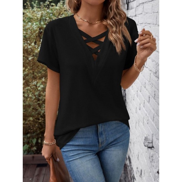 Kadın Kısa Kollu önden çapraz Detay V Yakalı Viskon Bluz