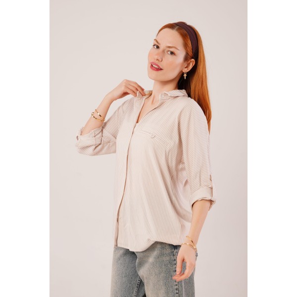 Cep Detay Çizgili Oversize Krem Gömlek