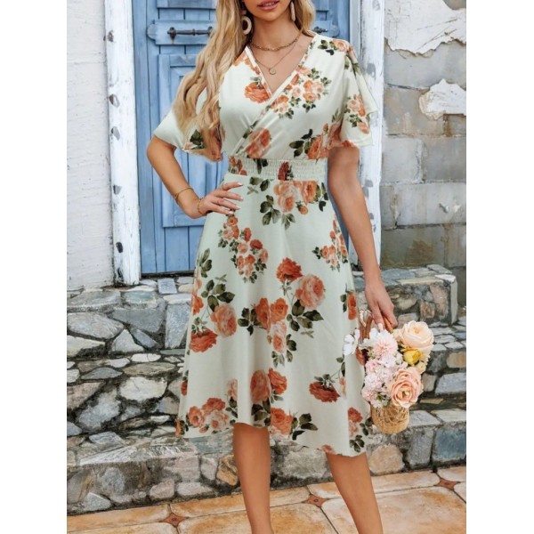 Kadın Kısa Kollu Kruvaze Yakalı Desenli Süprem Kısa Elbise