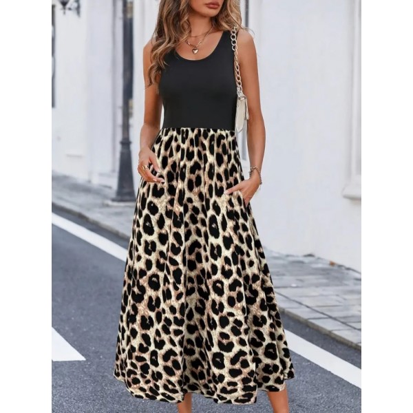 Kadın Askılı Yuvarlak Yaka üst Viskon Alt Leopar Desenli Süprem Uzun Elbise