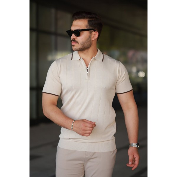 Erkek Fermuar Yakalı çizgi Dokulu Kısa Kollu Tişört