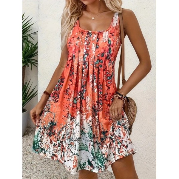 Kadın Sıfır Kollu Kare Yaka önden Pileli Salaş Süprem Elbise