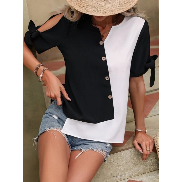 Kadın Kısa Kollu Kollardan Bağlamalı önden Asimetrik Kesim çift Renk Detaylı Düğmeli Ithal Krep Bluz