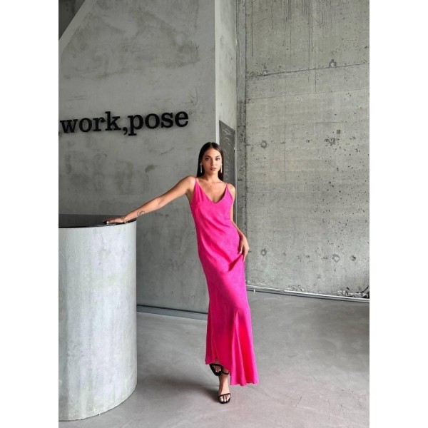 JAKARLI ASKILI SATEN ELBİSE ASİMETRİK - Pembe