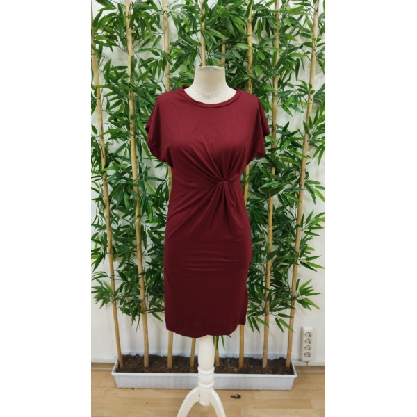 Kadın Kısa Kollu Bisiklet Yaka Yandan Büzgülü Midi Viskon Elbise