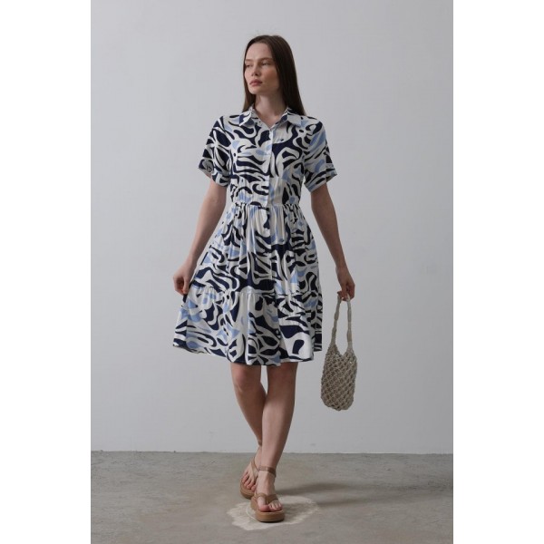 Baskılı Keten Elbise - Lacivert